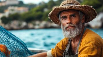 Older fisherman mending net on his boat near the coastline on a sunny day photo