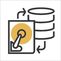 A yellow and black icon with a disk and a magnifying glass vector