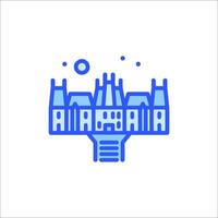 A blue line icon of a building with a tower vector