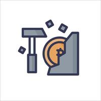 Bitcoin mining icon, hammer and coin vector