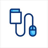 A blue and white icon of a computer mouse and a usb cable vector