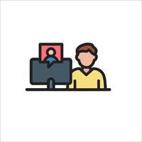 A man is sitting at a computer with a person on the screen vector