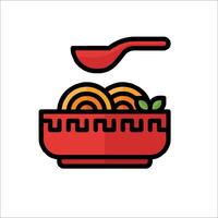 A red bowl with noodles and a spoon vector