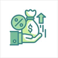 A hand holding a bag with money and an arrow pointing up vector