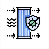 A blue and white icon with a shield and a water filter vector