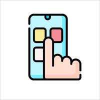 A hand pressing a button on a smartphone vector