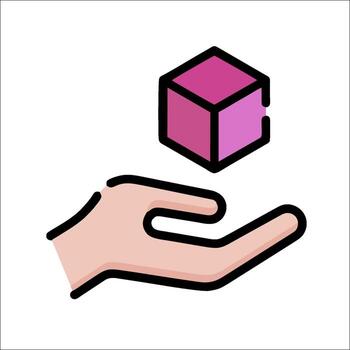 A hand holding a cube in front of a pink cube vector