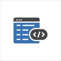 A blue and gray icon of a computer screen with a code symbol vector