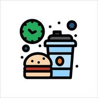 A hamburger and a cup of coffee are shown in a line style vector