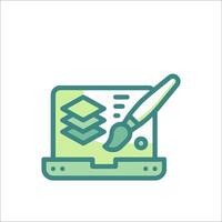 A laptop with a paintbrush and a stack of paper vector