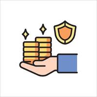 A hand holding stacks of coins with a shield icon vector
