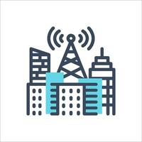 A city with a radio tower and a wireless signal vector