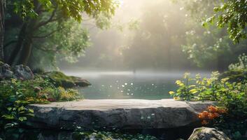 Tranquil Forest Lake Scene With Stone Platform and Lush Greenery photo