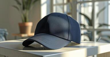Blue Baseball Cap On White Surface With Blurry Green Plant In Background photo