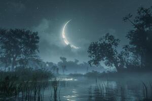 Tranquil Nighttime Scene With Crescent Moon Over Foggy Lake and Silhouetted Trees photo