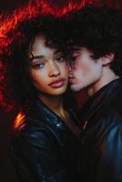 Young couple poses intimately with colorful lighting in an urban setting at night photo