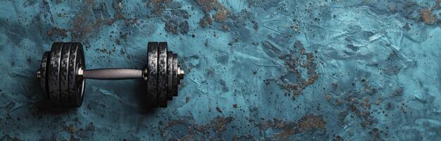 A Single Dumbbell on a Blue Concrete Surface photo