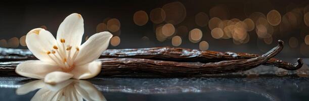 A Single Vanilla Blossom Resting on Dried Vanilla Beans photo