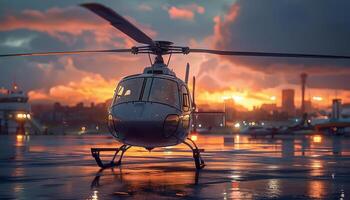 Black Helicopter Parked on Wet Runway at Sunset photo