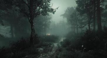 A Foggy Forest Path Winding Through Tall Trees on a Cloudy Day photo