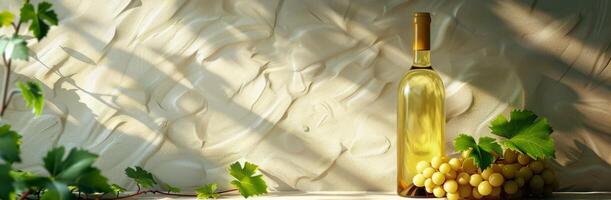 White Wine Bottle and Grapes Against a White Wall With Sunlight photo