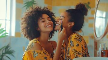 Friends enjoying a fun makeup session in a bright bathroom during the afternoon photo