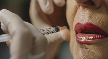 Close Up of Senior Woman Receiving Lip Injections photo
