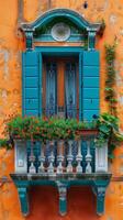 Yellow Building With Two Windows and Shutters photo