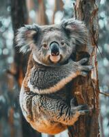 Koala Gripping a Tree Trunk in an Australian Forest photo