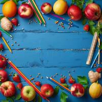 Colorful Pencils, Apples, and Berries on a Blue Wooden Table photo