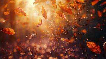 Falling Autumn Leaves In A Sunlit Forest photo