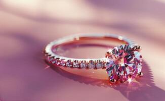 Close Up of Diamond Engagement Ring on Pink Surface photo