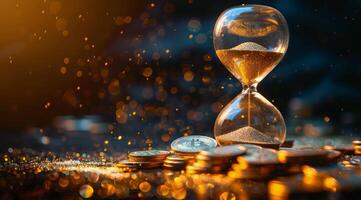 Hourglass With Sand Dripping Over Gold Coins In Golden Light photo