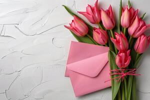 Pink Tulips Resting on Pink Envelope photo