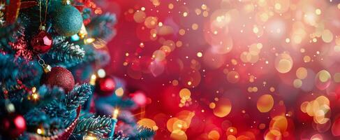 A Decorated Christmas Tree With Red And Blue Ornaments photo