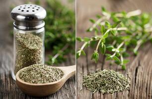 Dried Herbs Pouring Onto Wooden Surface photo