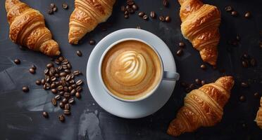 Coffee, Croissants, and Coffee Beans on a Black Background photo
