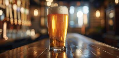 A Glass of Beer on a Bar Counter in a Pub at Night photo