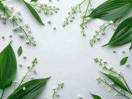 Fresh Lily Of The Valley Flowers And Green Leaves On White Background photo