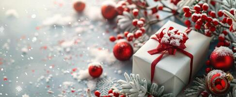 A Snowy Christmas Gift Wrapped in Red Ribbon and Surrounded by Holly photo
