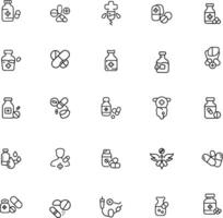 Pharmacy isolated icons set. Set of drugstore, heart pulse, syringe, medical patch, tablets and pills, cough syrup, prescription, glucose meter, thermometer, capsule, firs aid kit icon vector