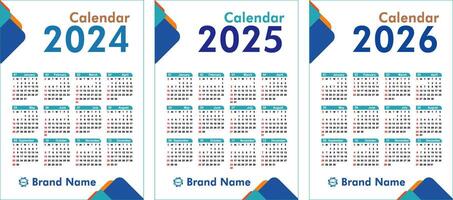 2024 2025 2026 calendar template, simple and clean calendar design. vector
