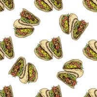 Hand-drawn colored seamless pattern of taco on white background. Fast food vintage illustration. Element for the design of labels vector