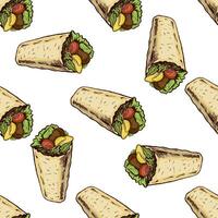 Hand-drawn sketch style burrito with vegetables and meat pieces isolated on white background. Fast food illustration. Vintage drawing. Seamless pattern vector