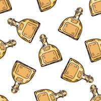 Hand-drawn colored bottle of tequila seamless pattern. Design element for the menu of bars and restaurants, alcohol stores. sketch illustration in engraving style. vector