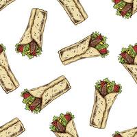 Hand-drawn colored seamless pattern of burrito wrap with vegetables and meat pieces isolated on white background. Fast food illustration. vector