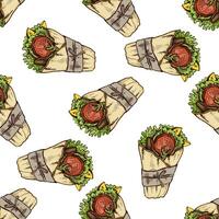 Hand-drawn colored seamless pattern of burrito wrap with vegetables pieces in paper package isolated on white background. Fast food illustration. vector
