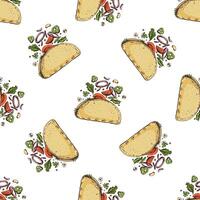 Hand-drawn colored seamless pattern of taco on white background. Fast food vintage illustration. Element for the design of labels vector