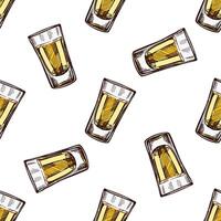 Hand-drawn colored seamless pattern of shot glass with tequila. Design element for the menu of bars and restaurants, alcohol stores. sketch illustration in engraving style. vector