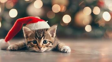 Kitten In Santa Hat Near Christmas Lights photo